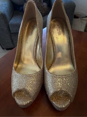 Festival Maximalist Mob Wife Formal Michael kors gold glitter Peep stilleto pump